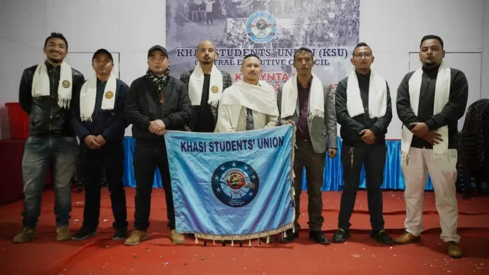 members of the Khasi Students’ Union participate in a peaceful demonstration regarding commercial projects near tribal lands in Meghalaya.