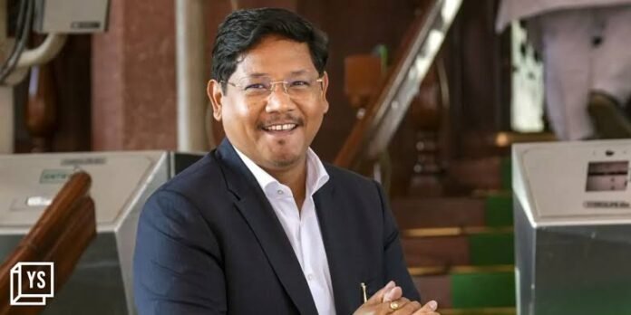 Meghalaya Chief Minister Conrad Sangma addresses officials during the launch of economic panels under the Union Purvodaya development initiative.