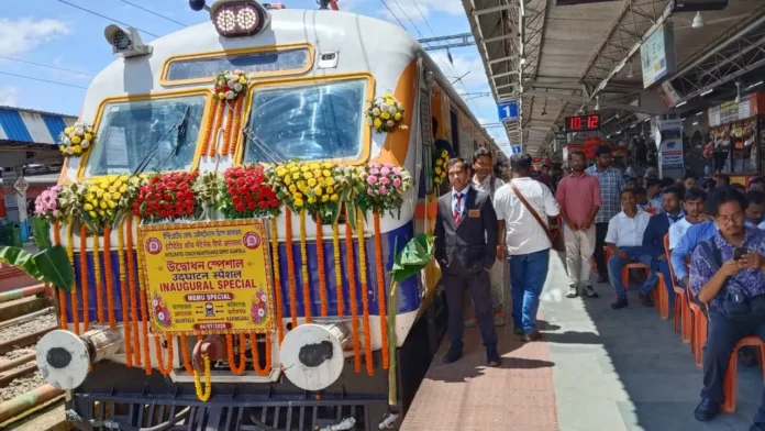The Northeast's first MEMU train departs from Agartala railway station, marking a milestone in Tripura's modern rail connectivity.