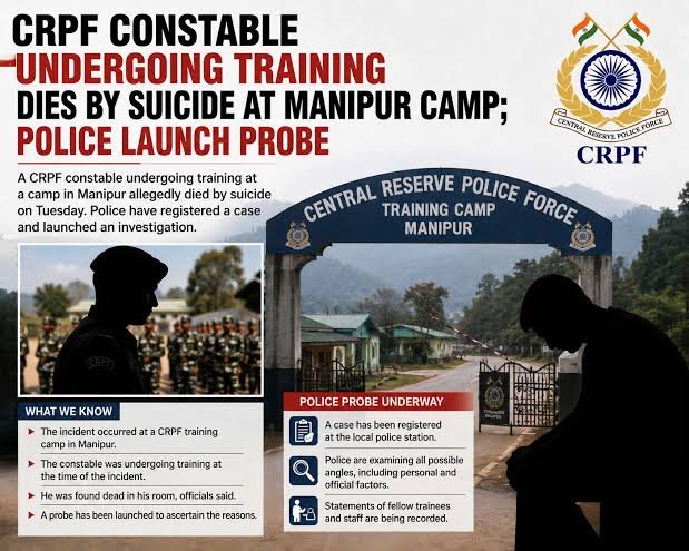 CRPF personnel at a security camp in Manipur’s Kangpokpi district following a reported death by suicide at Motbung Camp.