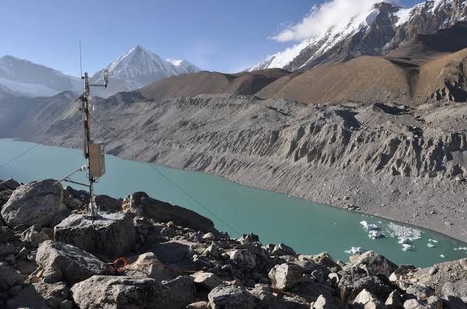 Monitoring equipment and remote-sensing systems track water conditions at South Lhonak Lake in Sikkim’s high-altitude Himalayan region.