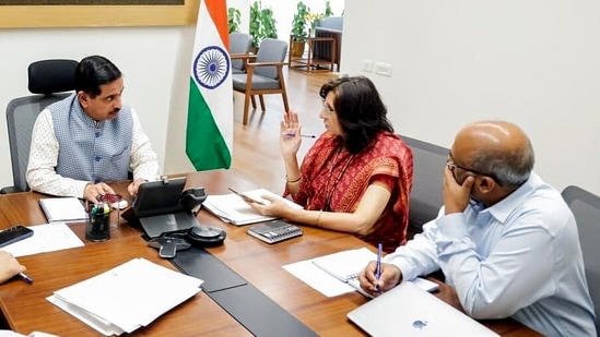 AA2ak8Ea Union Education Minister Pralhad Joshi chairs a meeting with the Secretary, Department of Higher Education, DG NTA, and other senior officials, in New Delhi on Monday.