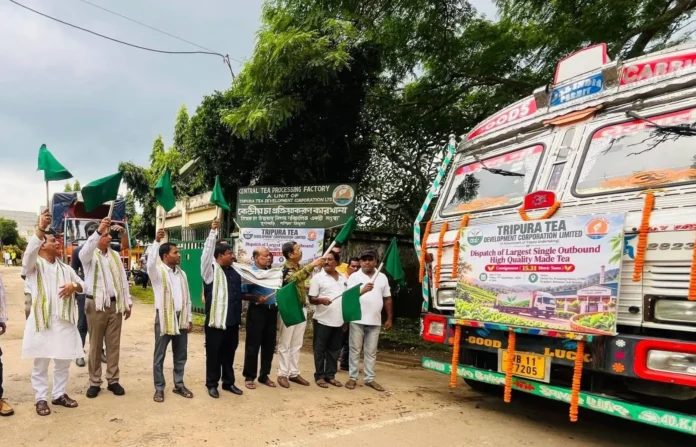 Tripura Tea Development Corporation officials flag off a 15.31-metric-tonne tea consignment from Durgabari for European market
