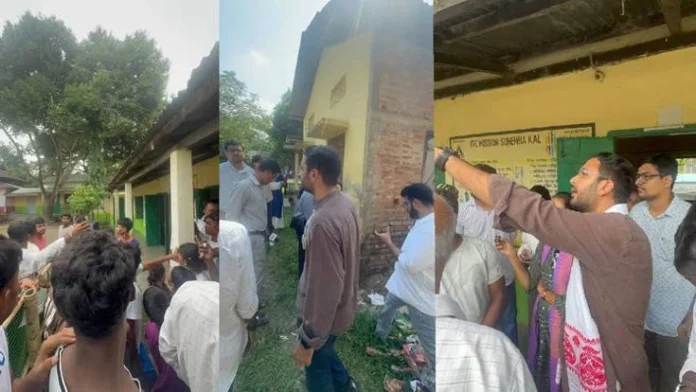 BJP supporters and an opposition-linked delegation face a heated confrontation during a government school visit in Palashbari, Assam.