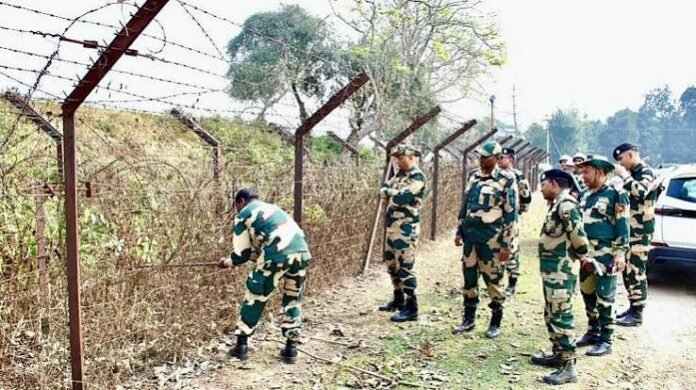 BSF personnel and officials during border-security and community coordination activities in Tripura.