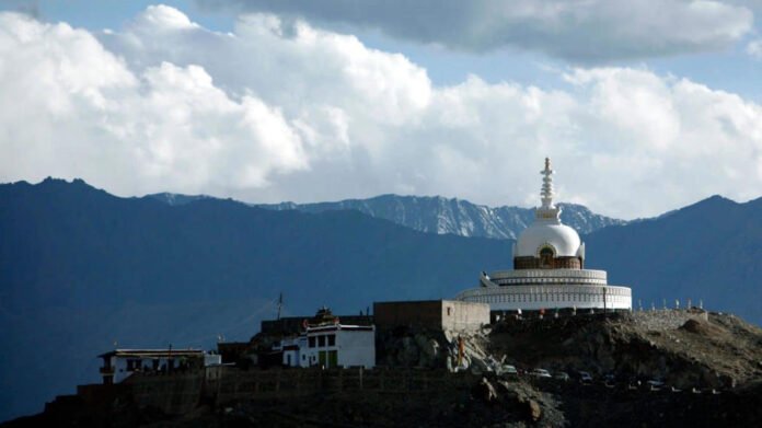 The photograph shows the Buddhist temple Shanti Stupa in Leh, Ladakh, on June 16, 2007.